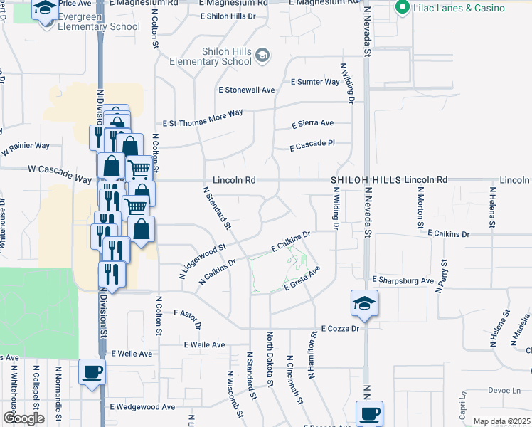 map of restaurants, bars, coffee shops, grocery stores, and more near 7715 North Dakota Street in Spokane