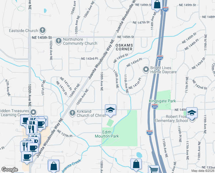 map of restaurants, bars, coffee shops, grocery stores, and more near 10830 Northeast 142nd Street in Kirkland