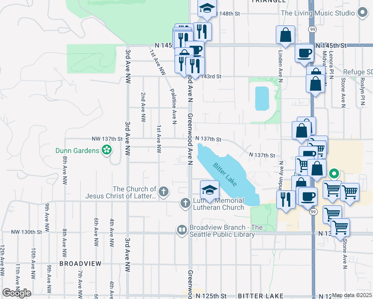 map of restaurants, bars, coffee shops, grocery stores, and more near 140 North 136th Street in Seattle
