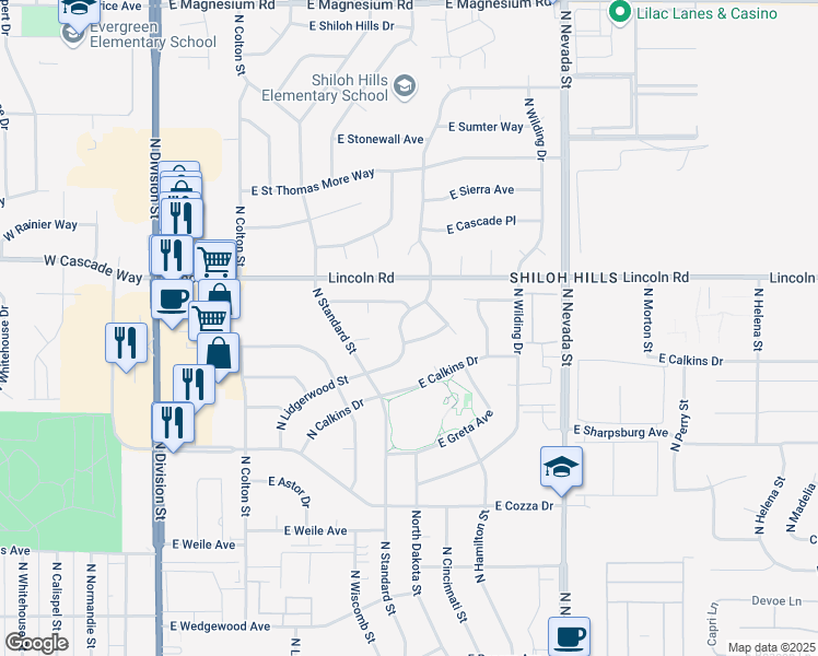 map of restaurants, bars, coffee shops, grocery stores, and more near 7715 North Dakota Street in Spokane