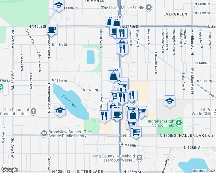 map of restaurants, bars, coffee shops, grocery stores, and more near 13530 Linden Avenue North in Seattle