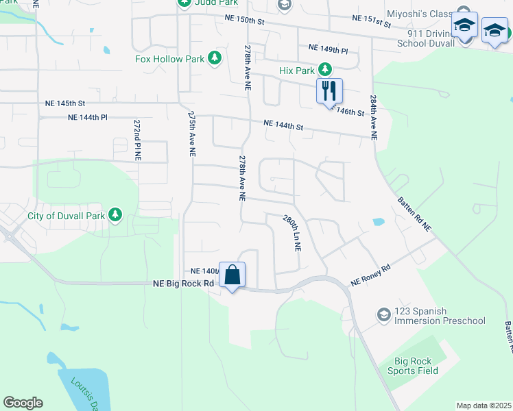 map of restaurants, bars, coffee shops, grocery stores, and more near 14144 280th Lane Northeast in Duvall