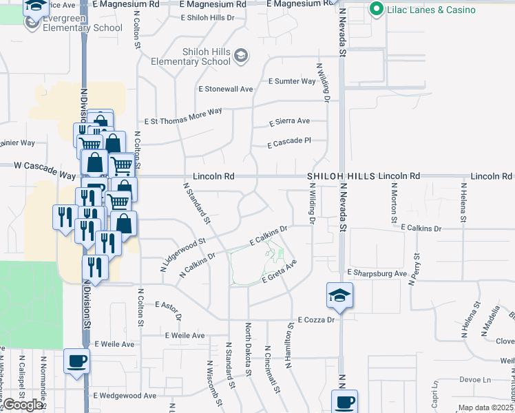 map of restaurants, bars, coffee shops, grocery stores, and more near 7727 North Brownsville Court in Spokane