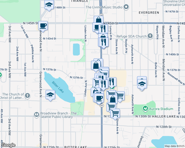 map of restaurants, bars, coffee shops, grocery stores, and more near 13553 Aurora Avenue North in Seattle