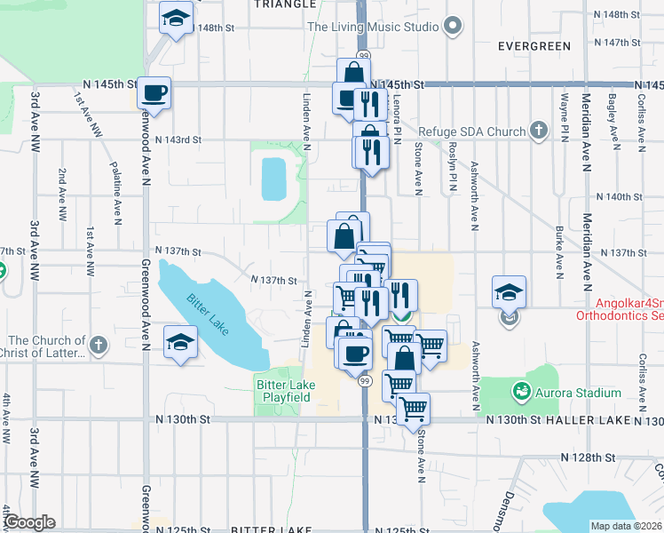 map of restaurants, bars, coffee shops, grocery stores, and more near 13553 Aurora Avenue North in Seattle