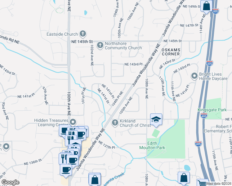 map of restaurants, bars, coffee shops, grocery stores, and more near 10328 Northeast 141st Place in Kirkland