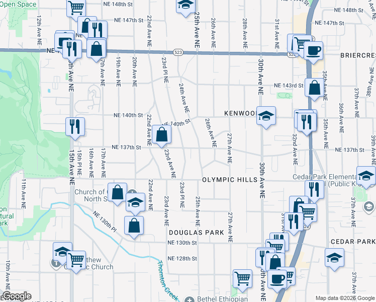 map of restaurants, bars, coffee shops, grocery stores, and more near 13554 23rd Place Northeast in Seattle