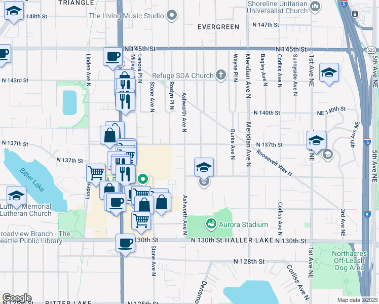 map of restaurants, bars, coffee shops, grocery stores, and more near 13555 Densmore Avenue North in Seattle