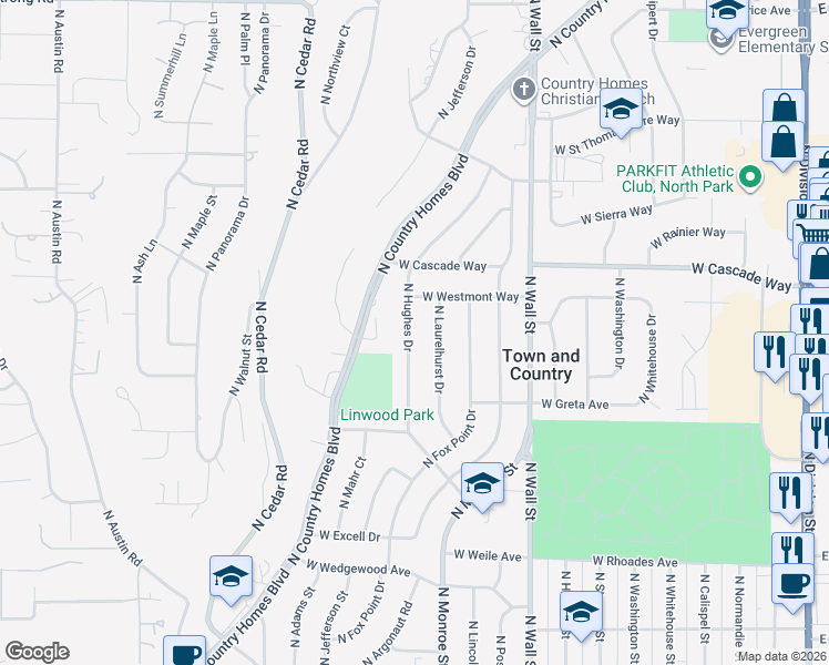 map of restaurants, bars, coffee shops, grocery stores, and more near 7712 North Hughes Drive in Spokane