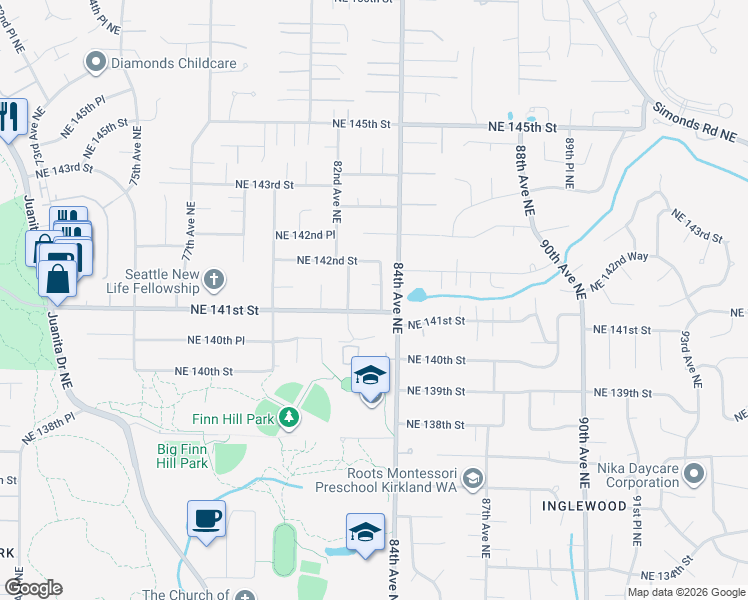 map of restaurants, bars, coffee shops, grocery stores, and more near 14121 Northeast 141st Place in Bothell
