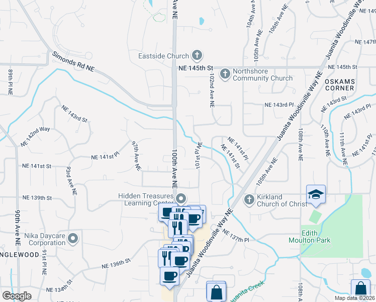 map of restaurants, bars, coffee shops, grocery stores, and more near 10040 Northeast 142nd Place in Kirkland