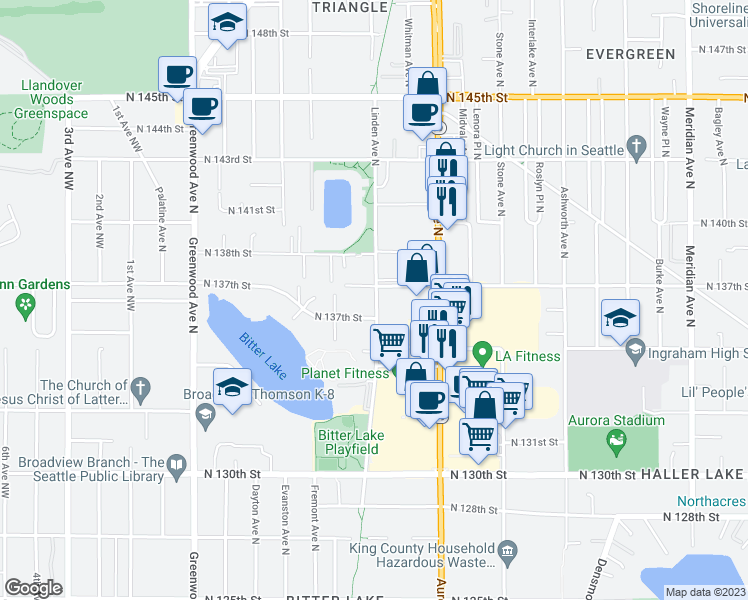 map of restaurants, bars, coffee shops, grocery stores, and more near 910 North 137th Street in Seattle