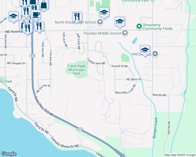 map of restaurants, bars, coffee shops, grocery stores, and more near 1717 Northeast Mount Kamela Court in Poulsbo