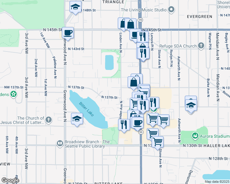 map of restaurants, bars, coffee shops, grocery stores, and more near 13717 Linden Avenue North in Seattle