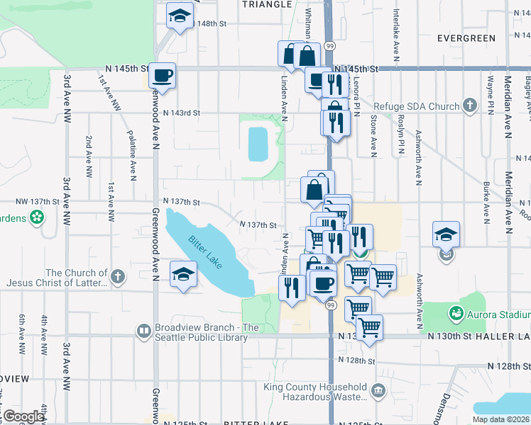 map of restaurants, bars, coffee shops, grocery stores, and more near 724 North 137th Street in Seattle