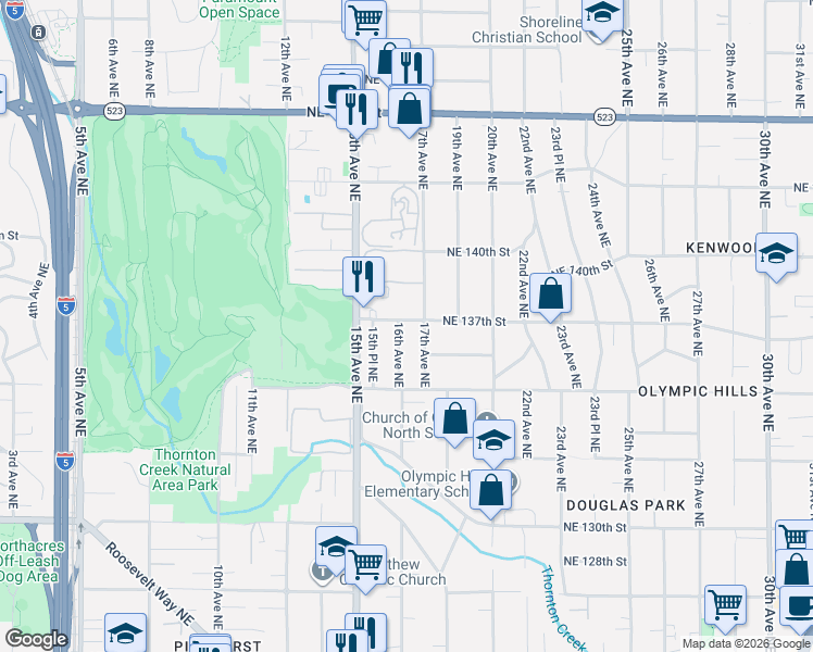 map of restaurants, bars, coffee shops, grocery stores, and more near 13704 17th Avenue Northeast in Seattle