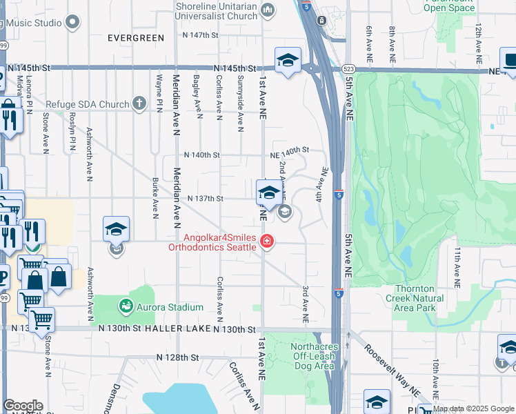 map of restaurants, bars, coffee shops, grocery stores, and more near 13557 1st Avenue Northeast in Seattle