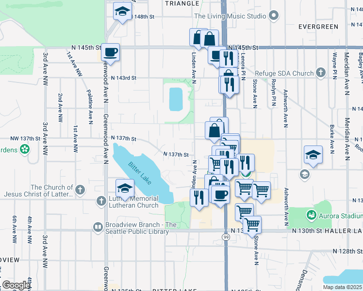 map of restaurants, bars, coffee shops, grocery stores, and more near 724 North 137th Street in Seattle