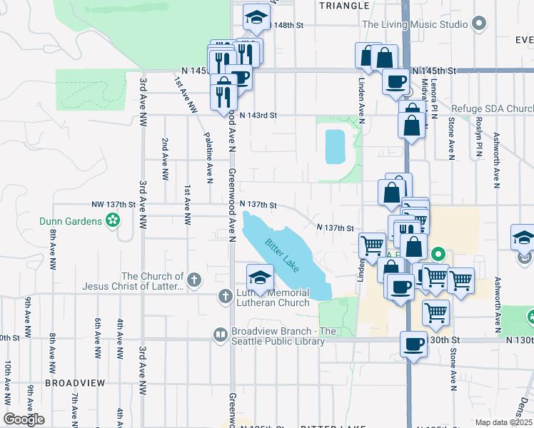 map of restaurants, bars, coffee shops, grocery stores, and more near 345 North 137th Street in Seattle