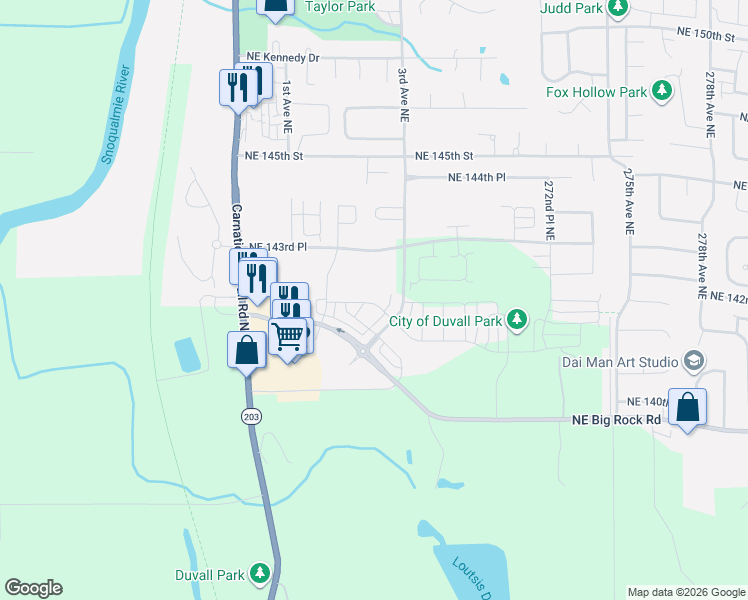 map of restaurants, bars, coffee shops, grocery stores, and more near 26649 Northeast 143rd Place in Duvall