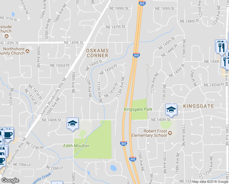 map of restaurants, bars, coffee shops, grocery stores, and more near 11209 Northeast 141st Place in Kirkland