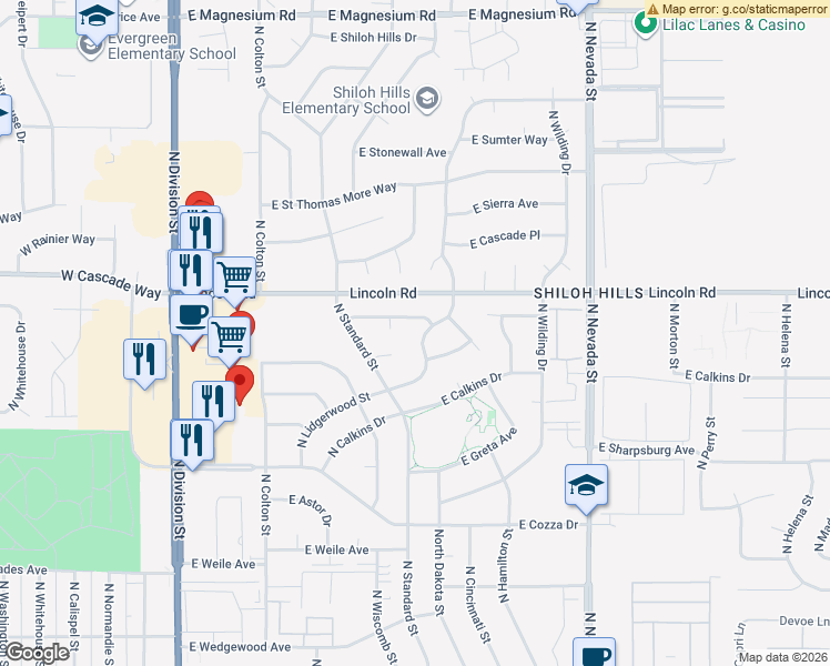 map of restaurants, bars, coffee shops, grocery stores, and more near 7715 North Dakota Street in Spokane