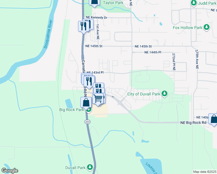 map of restaurants, bars, coffee shops, grocery stores, and more near 26611 Northeast 143rd Place in Duvall