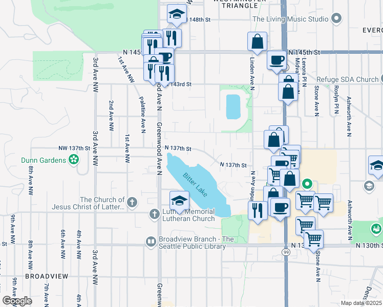 map of restaurants, bars, coffee shops, grocery stores, and more near 345 North 137th Street in Seattle