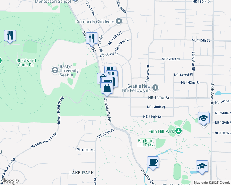 map of restaurants, bars, coffee shops, grocery stores, and more near 221 73rd Place Northeast in Kirkland