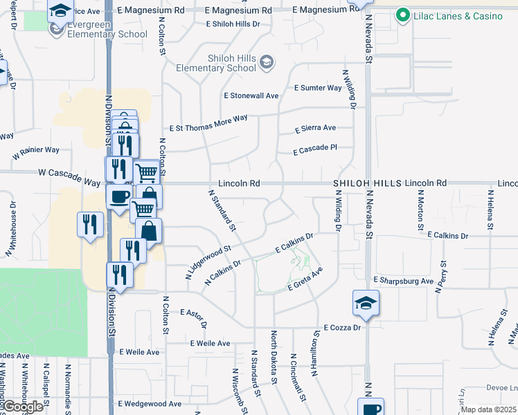 map of restaurants, bars, coffee shops, grocery stores, and more near 7715 North Dakota Street in Spokane