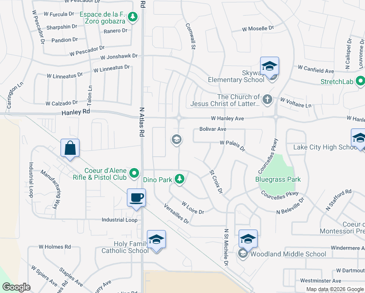 map of restaurants, bars, coffee shops, grocery stores, and more near 6208 Cornwall Street in Coeur d'Alene
