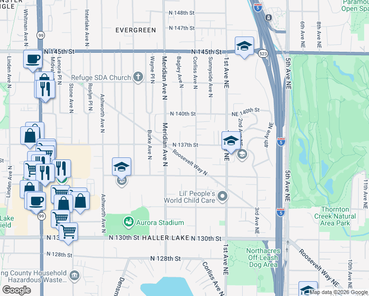 map of restaurants, bars, coffee shops, grocery stores, and more near 2141 North 137th Street in Seattle