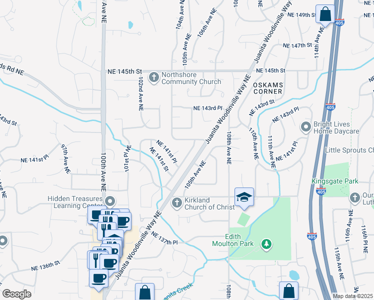 map of restaurants, bars, coffee shops, grocery stores, and more near 14157 104th Place Northeast in Kirkland