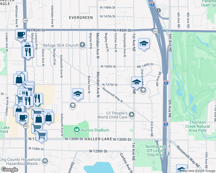map of restaurants, bars, coffee shops, grocery stores, and more near 2141 North 137th Street in Seattle