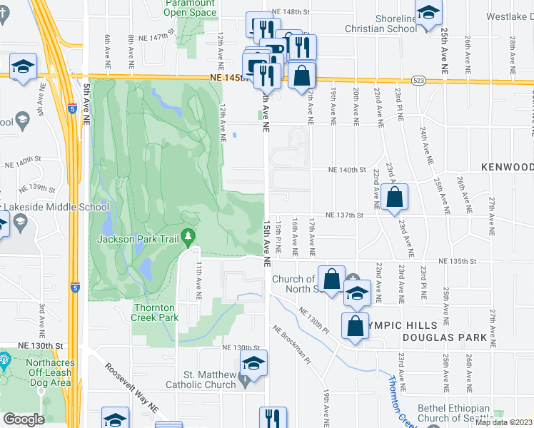 map of restaurants, bars, coffee shops, grocery stores, and more near 15th Ave NE & NE 137th St in Seattle