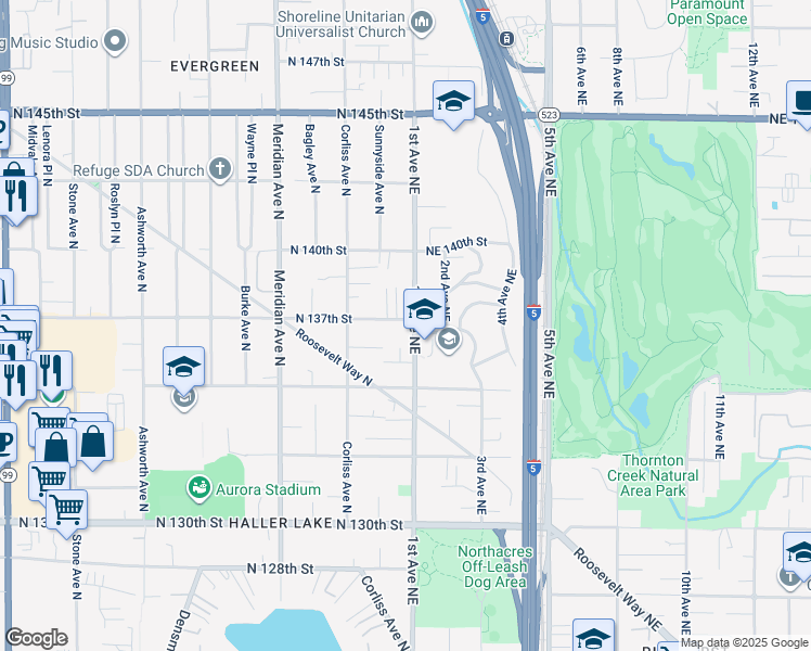 map of restaurants, bars, coffee shops, grocery stores, and more near 13557 1st Avenue Northeast in Seattle
