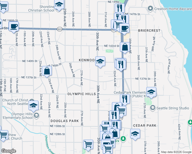 map of restaurants, bars, coffee shops, grocery stores, and more near 13723 30th Avenue Northeast in Seattle