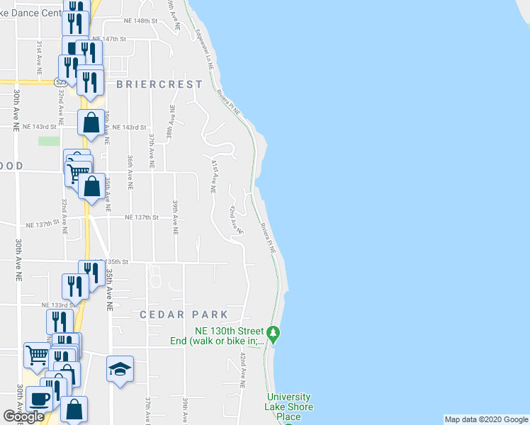 map of restaurants, bars, coffee shops, grocery stores, and more near 13706 Riviera Place Northeast in Seattle
