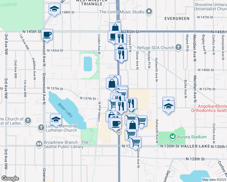 map of restaurants, bars, coffee shops, grocery stores, and more near 13553 Aurora Avenue North in Seattle