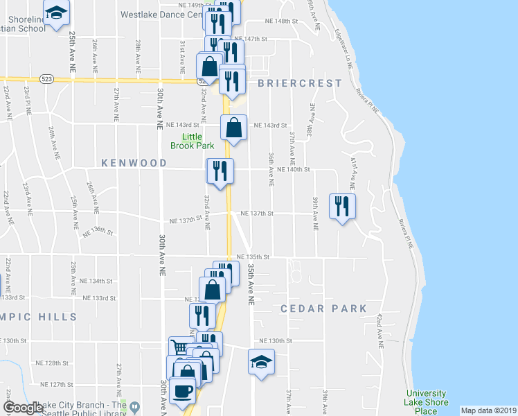 map of restaurants, bars, coffee shops, grocery stores, and more near 3510 Northeast 137th Street in Seattle