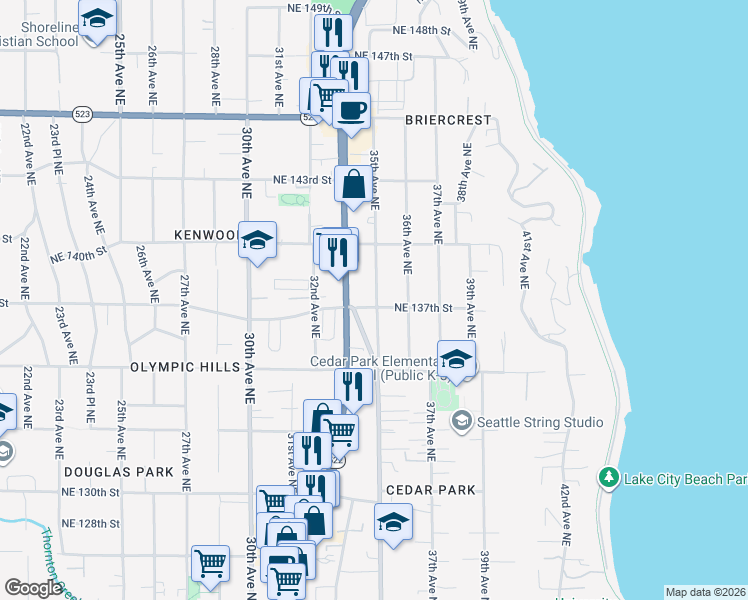 map of restaurants, bars, coffee shops, grocery stores, and more near 3510 Northeast 137th Street in Seattle