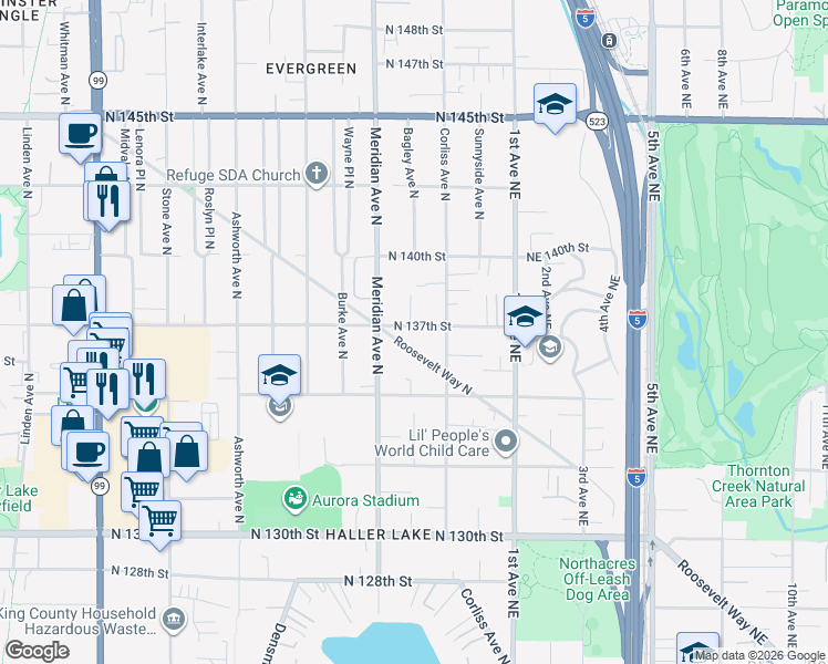 map of restaurants, bars, coffee shops, grocery stores, and more near 2141 North 137th Street in Seattle