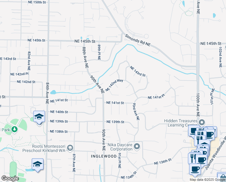 map of restaurants, bars, coffee shops, grocery stores, and more near 14128 91st Avenue Northeast in Kirkland
