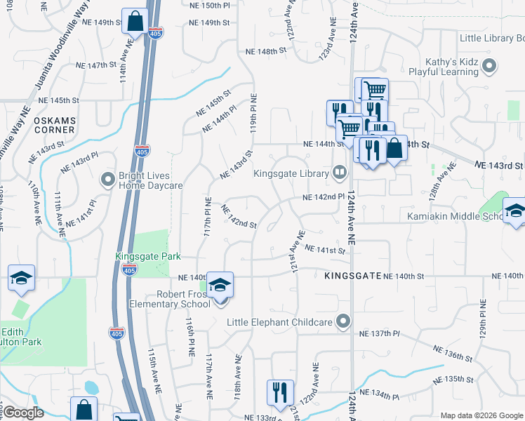 map of restaurants, bars, coffee shops, grocery stores, and more near 11881 Northeast 142nd Place in Kirkland