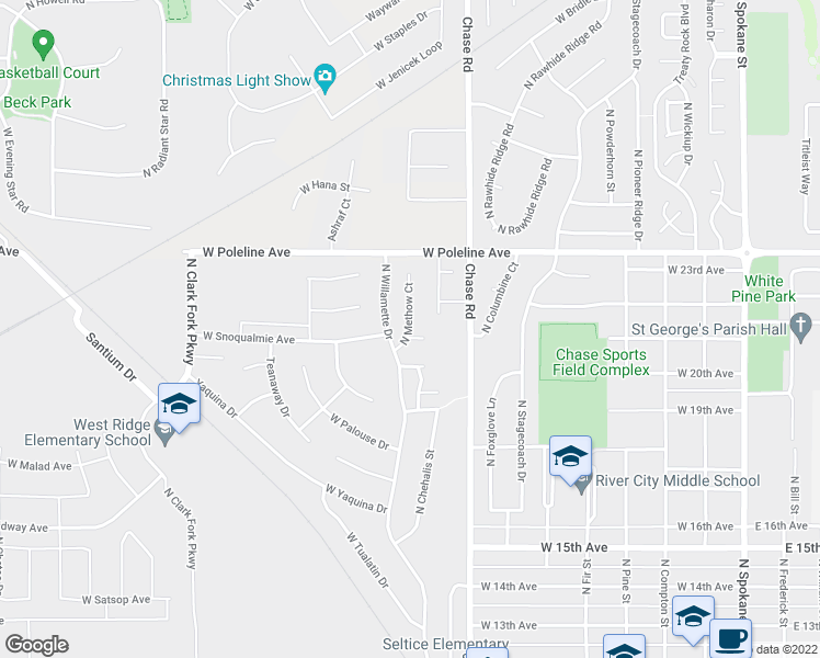 map of restaurants, bars, coffee shops, grocery stores, and more near 2165 North Methow Court in Post Falls