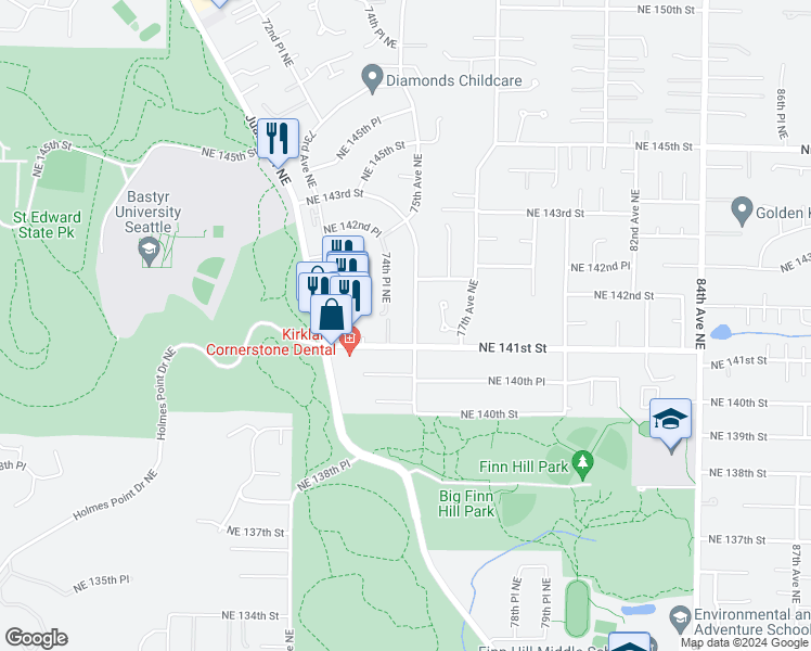 map of restaurants, bars, coffee shops, grocery stores, and more near 14115 75th Avenue Northeast in Kirkland