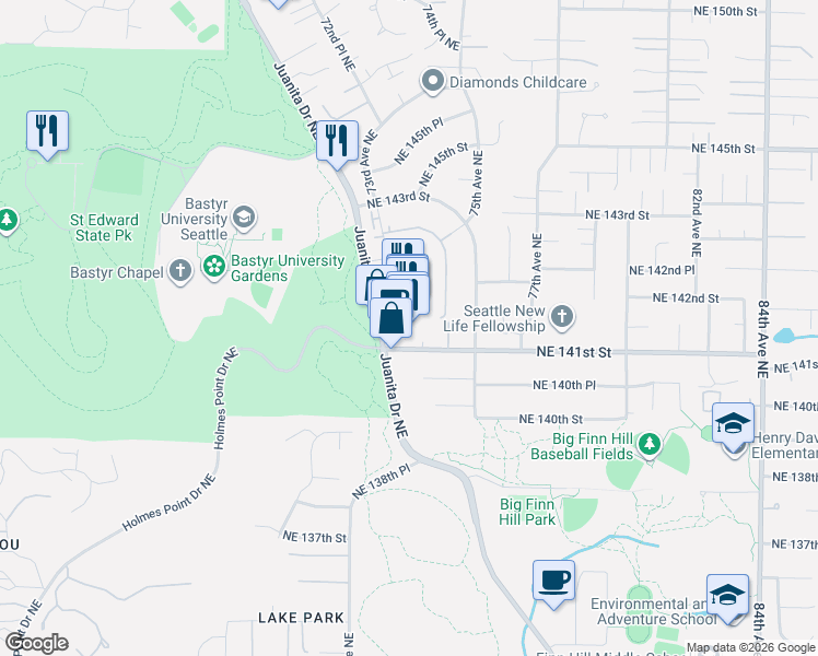 map of restaurants, bars, coffee shops, grocery stores, and more near 14130 Juanita Drive Northeast in Kirkland