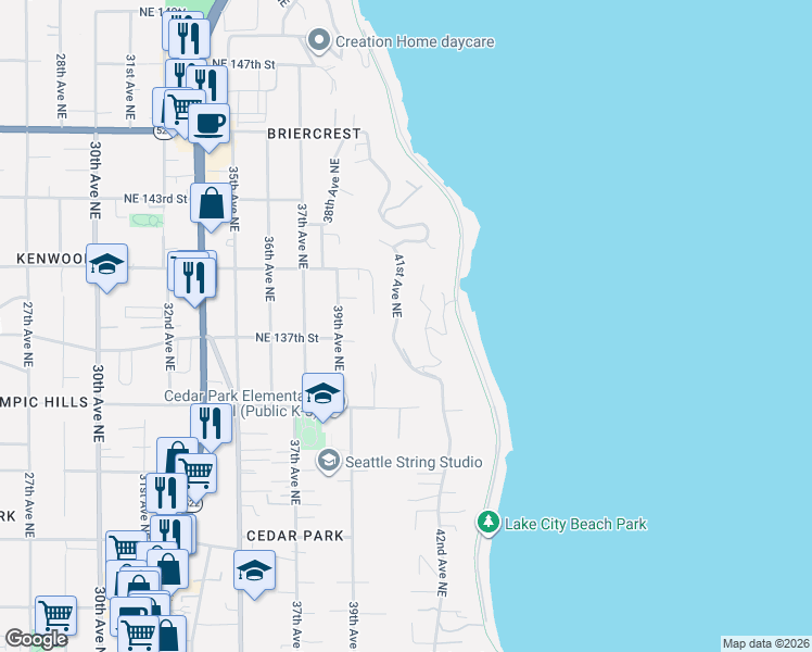 map of restaurants, bars, coffee shops, grocery stores, and more near 13710 41st Avenue Northeast in Seattle