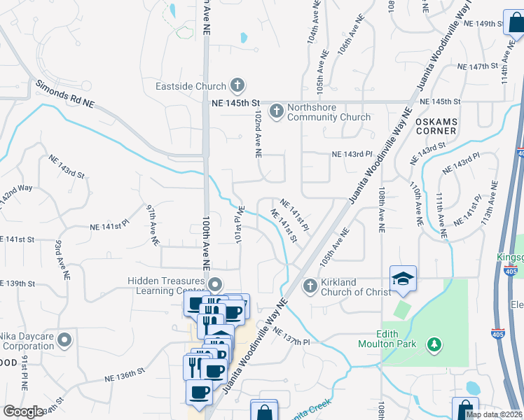 map of restaurants, bars, coffee shops, grocery stores, and more near 14121 102nd Avenue Northeast in Kirkland