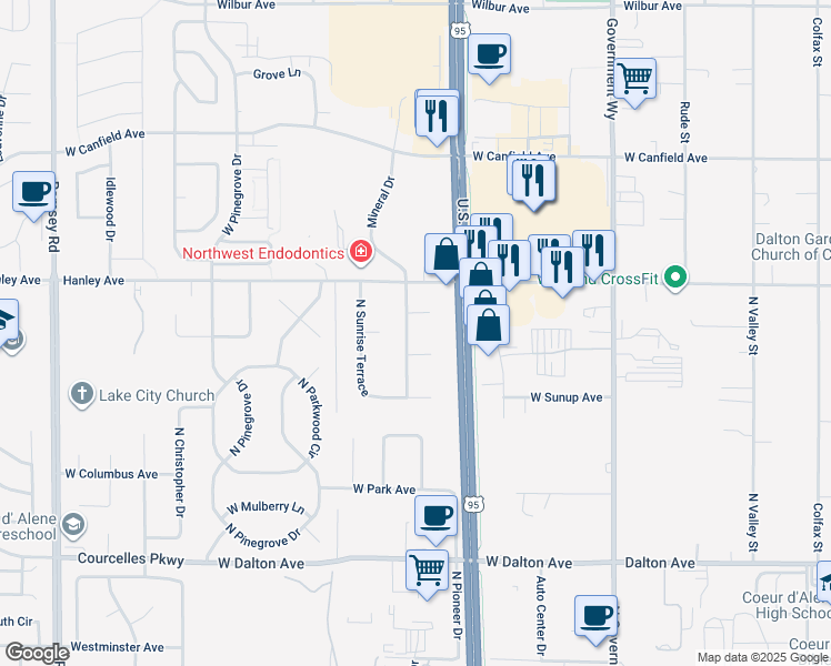 map of restaurants, bars, coffee shops, grocery stores, and more near 6080 Sunrise Terrace in Coeur d'Alene